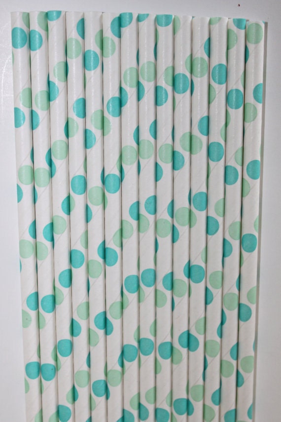 25 turquoise mint polka dot straws paper straws birthday party event cake pop sticks Bonus diy straw flags