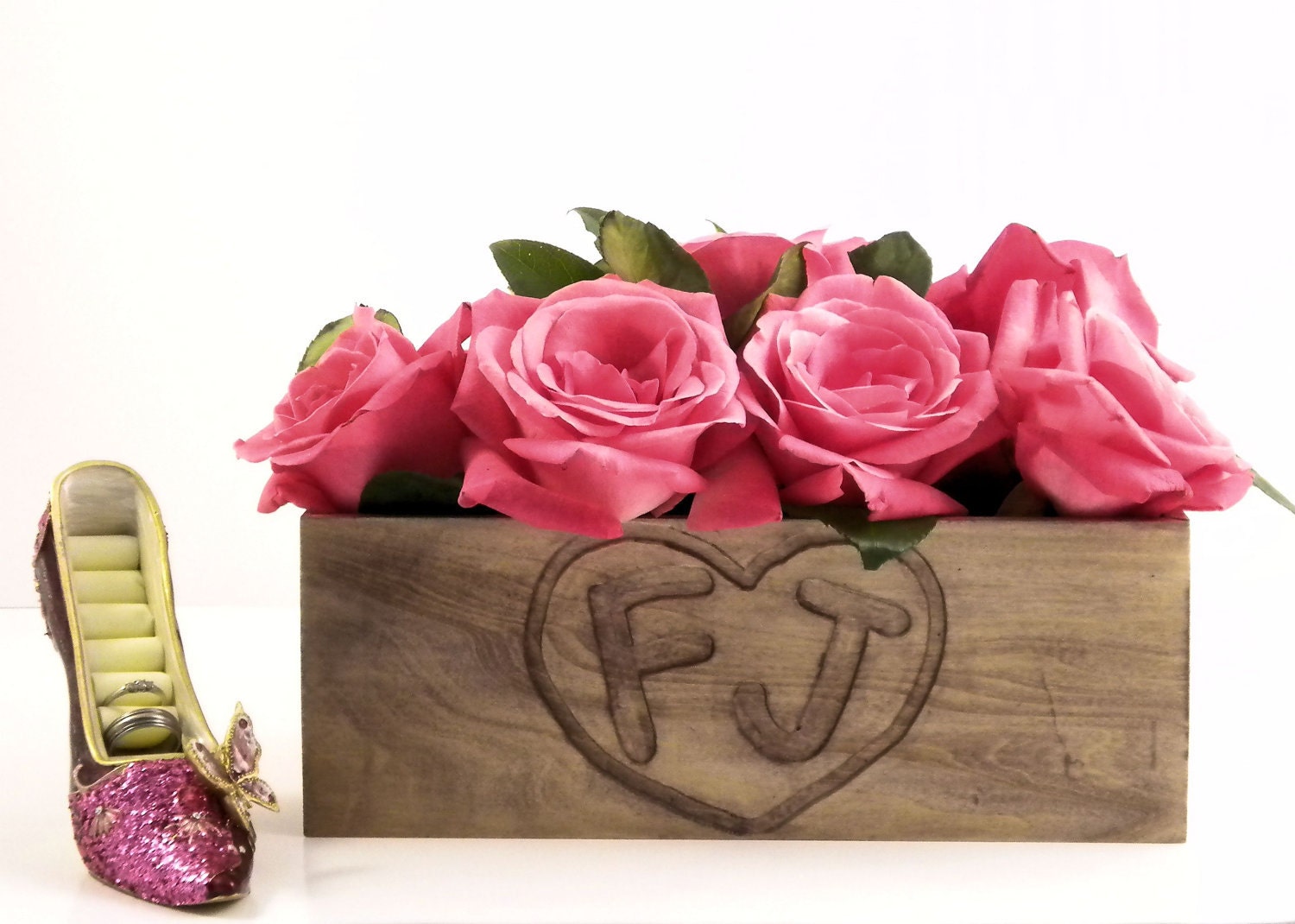 Wood flower box for Country/rustic wedding table Centerpieces, Wooden Heart Box with Engraving - WoodenEnhancements