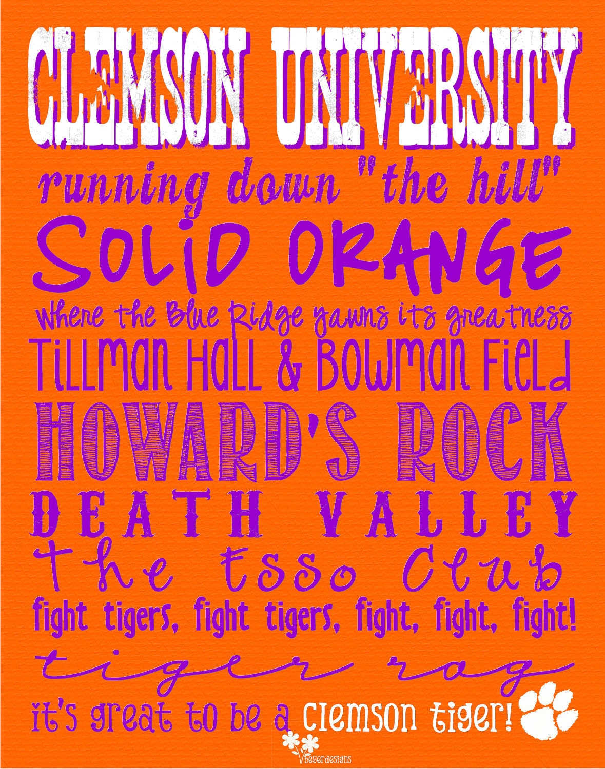 Clemson Tigers Subway Art Digital PRINTABLE JPEG File 8x10, 11x14 or 16x20