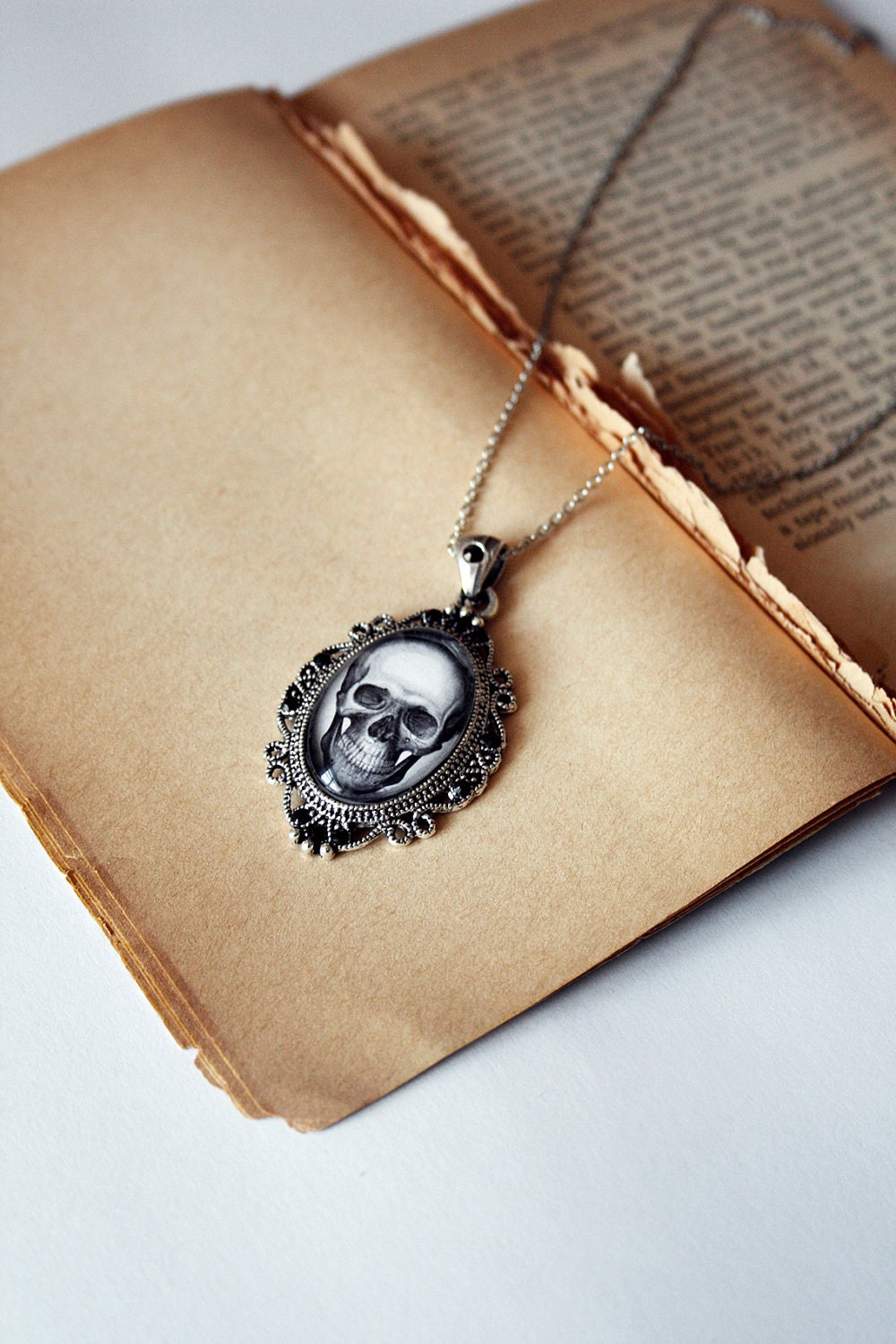 Gothic dark black skull cabochon covered pendant with black crystals - DevilsJewel