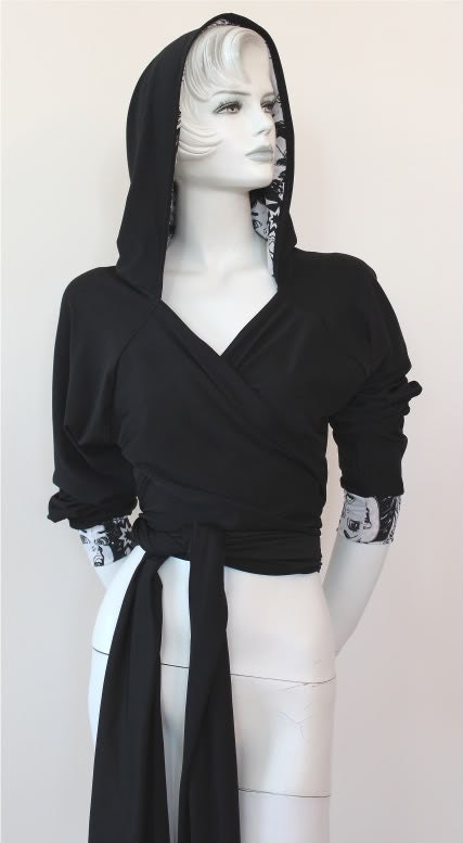 Black Hoodie Wrap with Comic Strip print on Hood Lining and Wrist - ONLY 1 LEFT