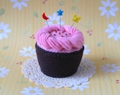 Pink Frosted Beaded Plush Cupcake Pincushion