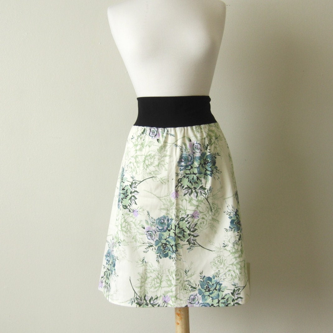 SALE - SMALL Aline Skirt Floral Print in Black, Cream, Green, Teal and Violet