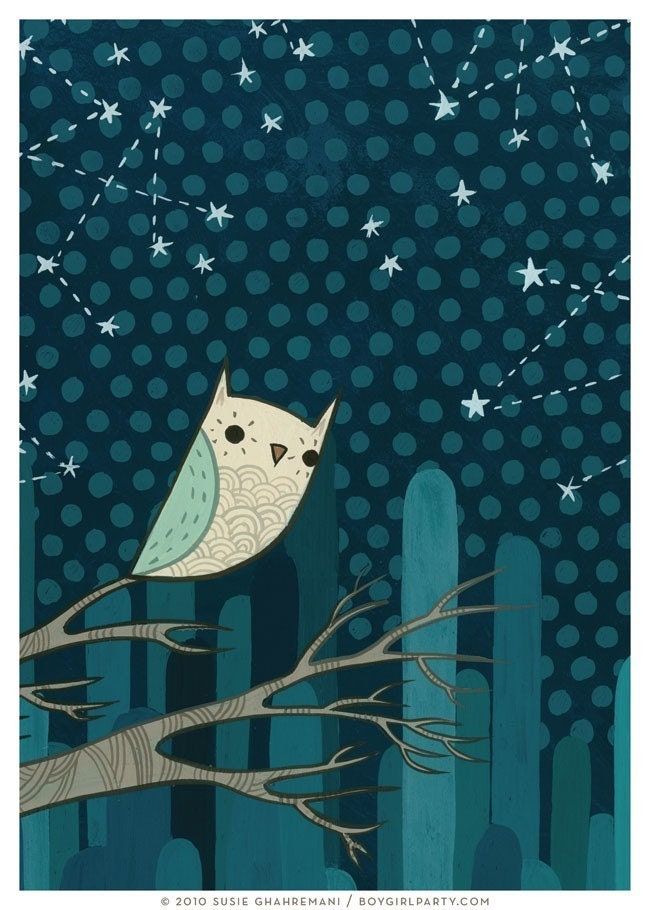 STARRY OWL (5x7 art print - night owl no. 1) by Susie Ghahremani, constellation star owl night artwork - sweet dreams baby nursery artwork