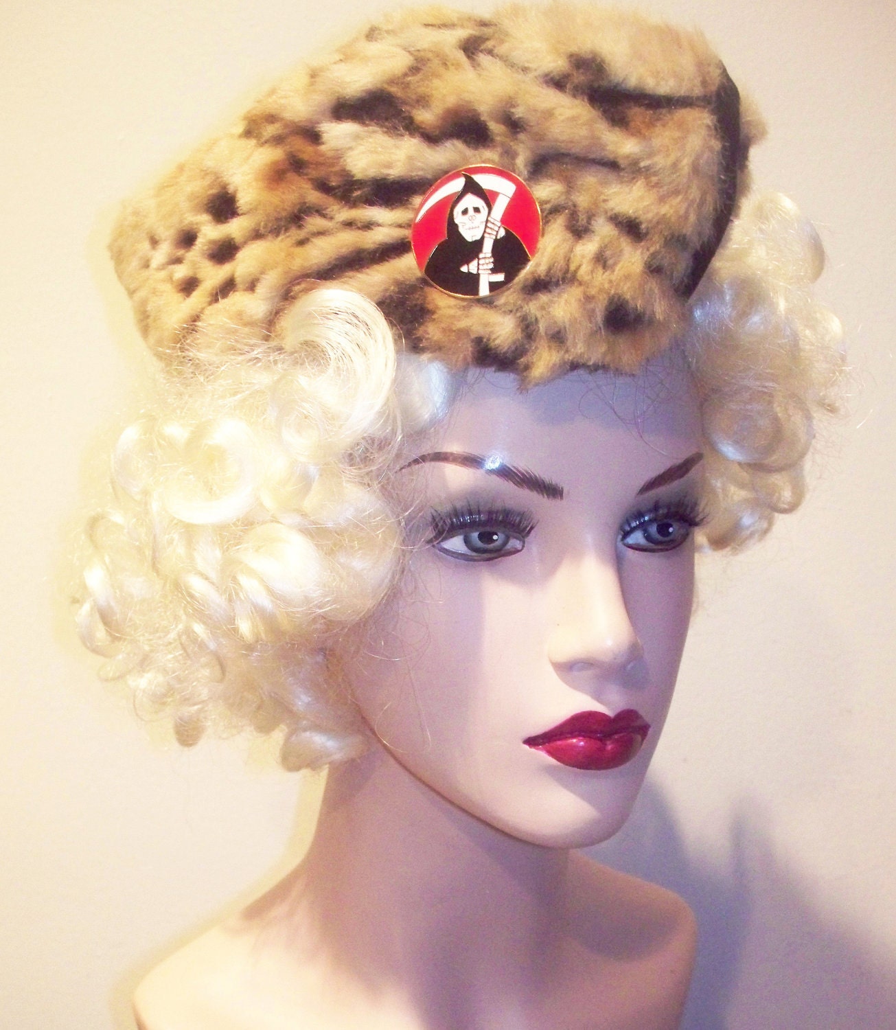 The IDI Military Hat in Leopard w/ Grim Reaper Badge Leatherette Heart