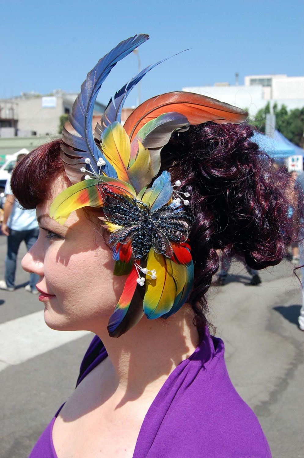 Parrot Feather Fasinator with Butterfly beading - featured in LA Fashion