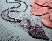 Leaf & Crystal Necklace, Salvaged Chandelier Prism, Antique Brass Chain