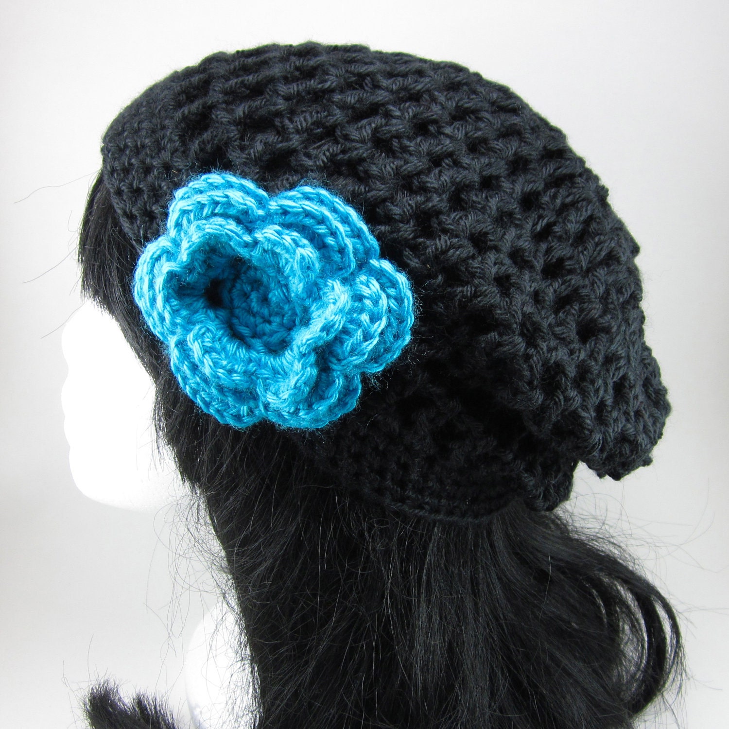 Lacy Beanie with Large Flower Clip - Women Crochet Lacy Black Flower Hat