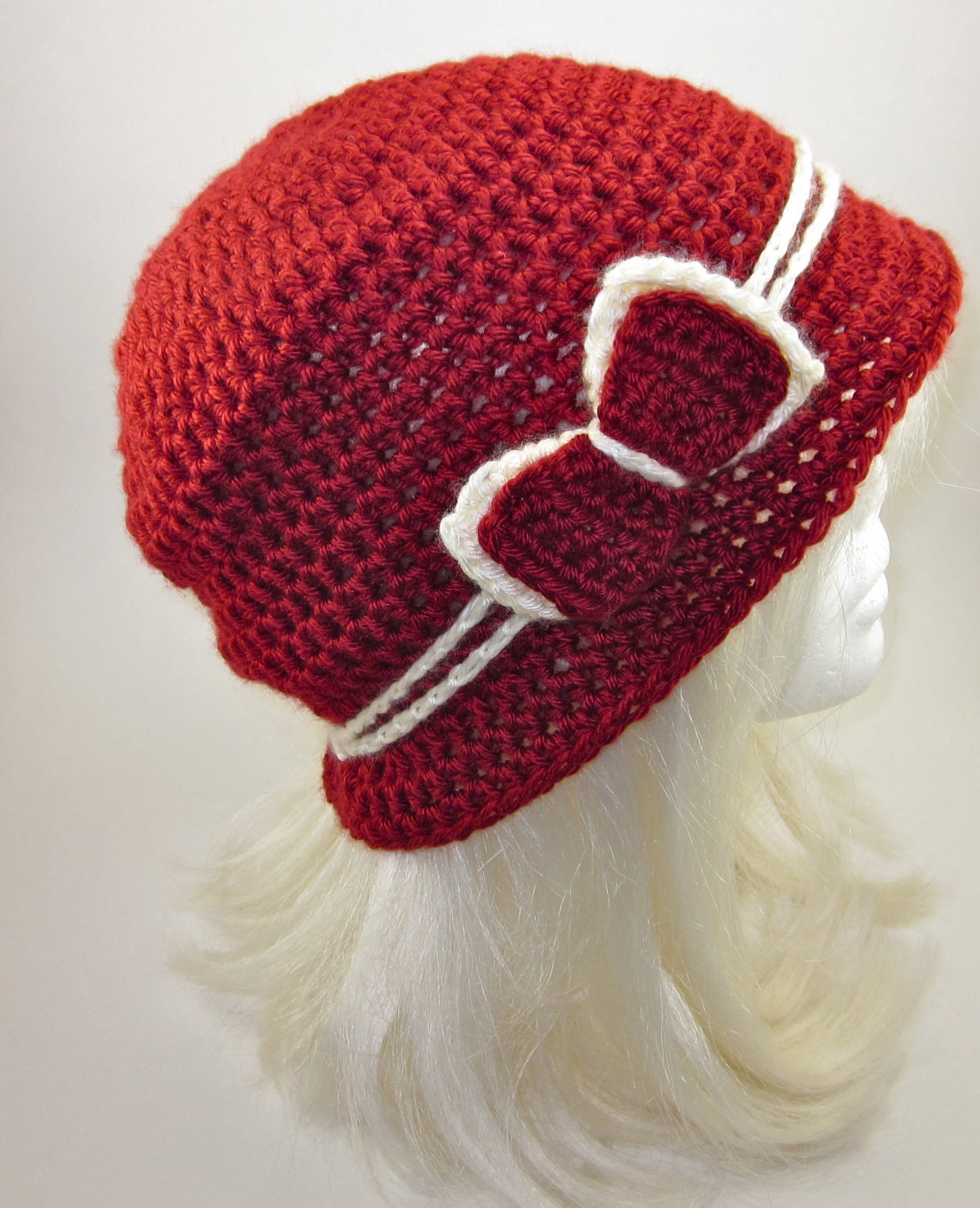 The Love Hat - Red and Cream Crocheted Cloche with bow clip