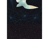 ARCHIVAL PRINT 'Into the Ether' / map collage bird globe earth arctic black blue thread