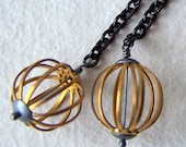 Brass Cage Earrings - vintage cage beads, vintage black enamel chain, eco friendly fashion