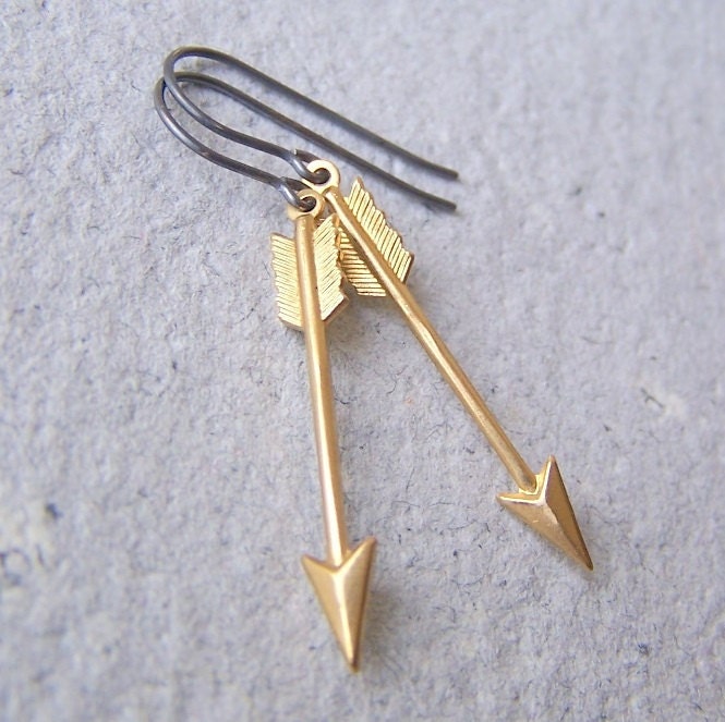 Brass arrow earrings, gold arrows, sterling silver earwires, woodland fashion, archery, hunter