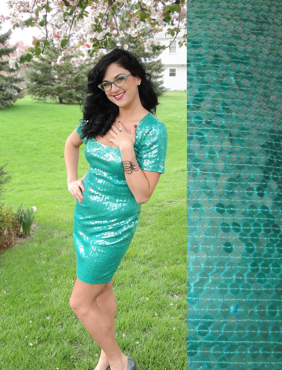Sea Green Sequin Mini Dress - Vintage 80's Evening Dress with Short Sleeves, Square Neckline, Mini Skirt and Sexy Fitted Shape