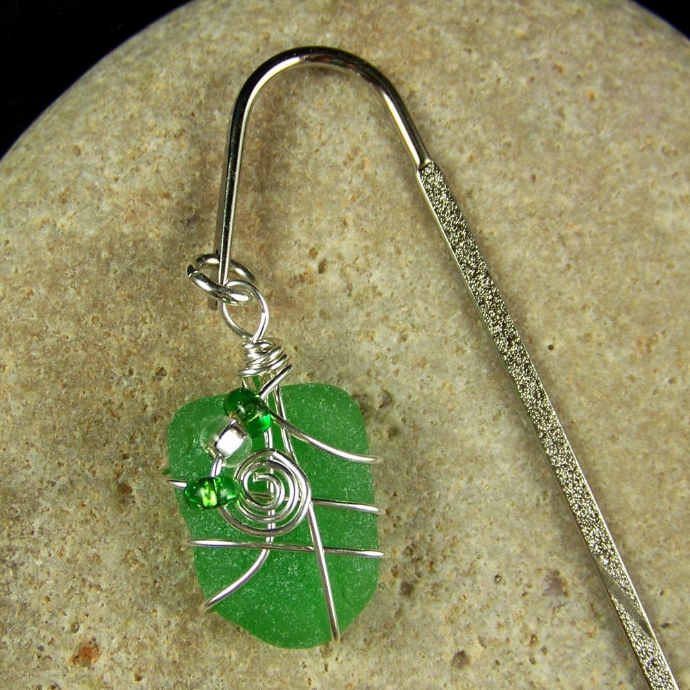 Genuine Kelly Green Sea Glass Bookmark Wire Wrapped in Sterling Silver