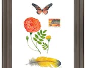 Watercolor Painting Marigold Collection Mixed Media Collage Floral Botany Large Art - on sale