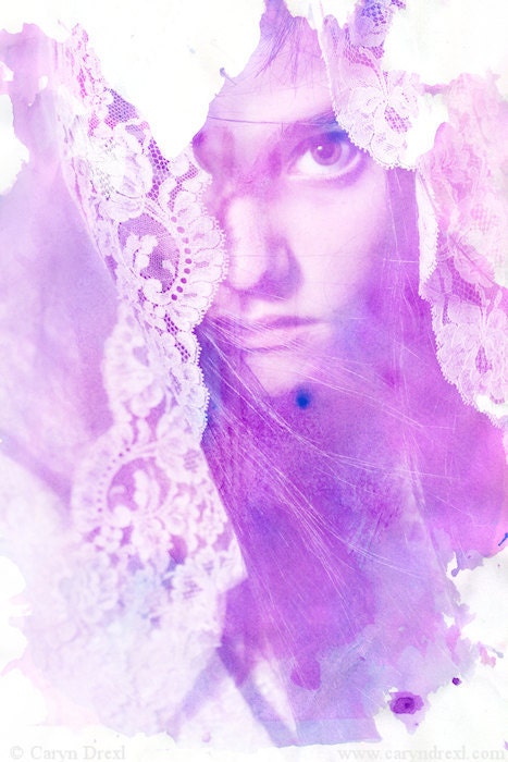 Water Color Stains - FREE SHIPPING - Girl Portrait Face Eye Pink Blue Purple White Lace Watercolor Ink Surreal Veil Print