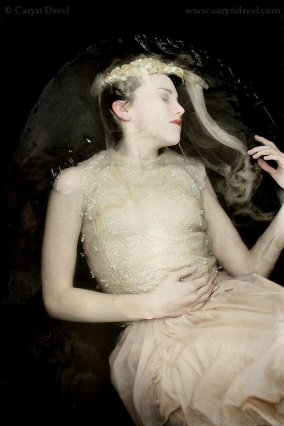 Ceasing To Struggle - FREE SHIPPING - Print Girl Cream White Bride Veil Water Sinking Floating Surreal Dark Portrait Black Ophelia Art