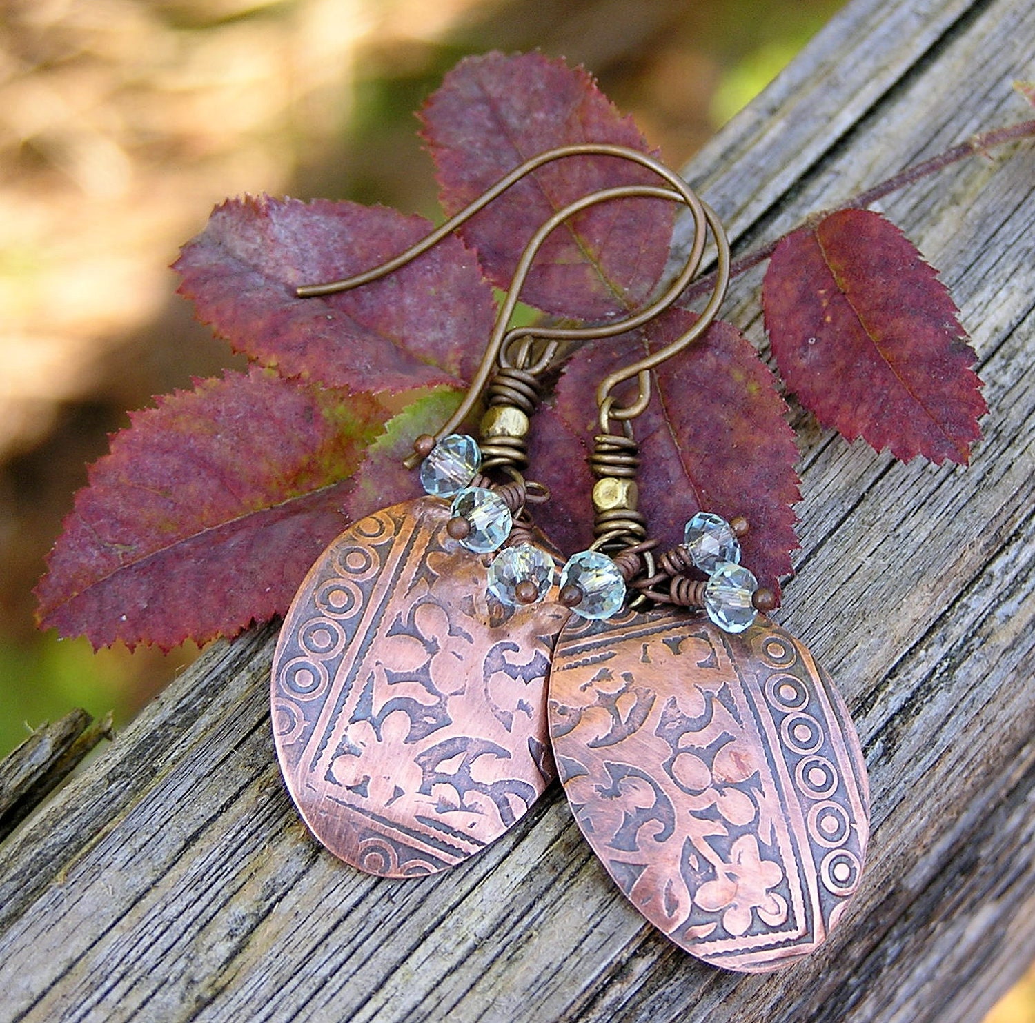 sky blue quartz gemstones and artisan antiqued copper dangle earrings. one of a kind OOAK. handmade bohemian hippie earrings.