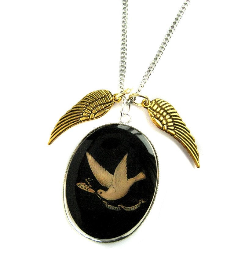 Victorian Forget Me Not Memento Mori Dove Charm Necklace from Hoolala