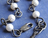 Bracelet - sterling silver, oxidised, freshwater pearl, rock crystal quartz, adjustable - Infinity
