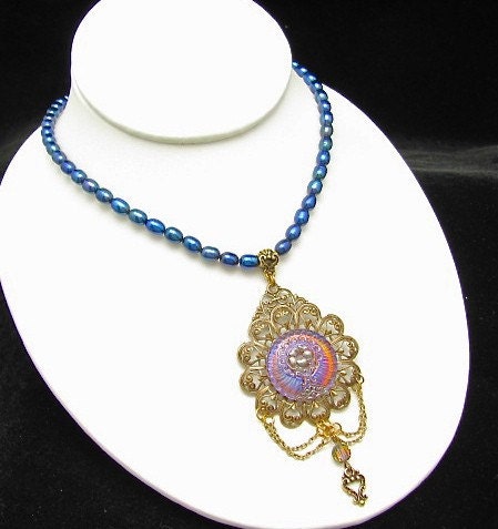Vintage Button Necklace Blue Pearl Vintage Swarovski Crystal Festoon Chain Victorian Style Hawaiibeads