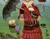 Steampunk Cat Art Victorian GothicAir Ships Hot Air Balloons Fantasy Cat Art Print 5x7