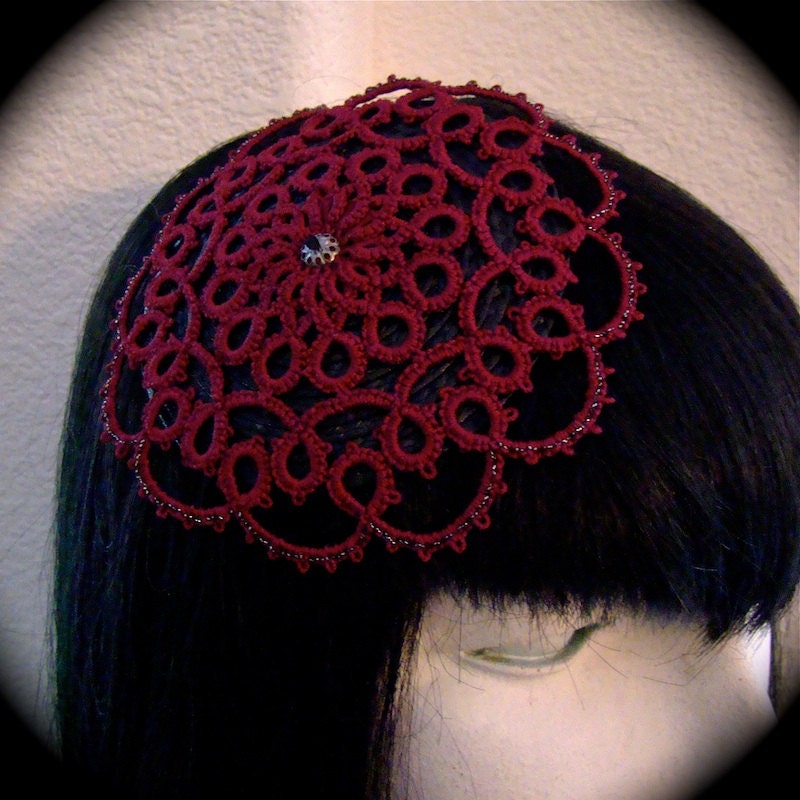 Tatted Lace Doily Fascinator Hairpiece - Red on Black