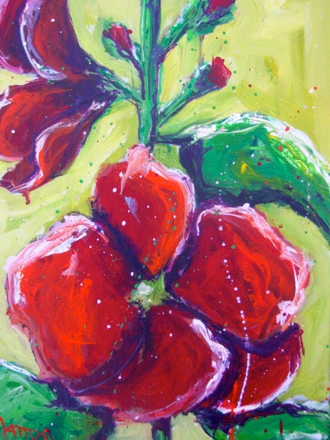 Original 11x14 Painting, Acrylic Canvas, Summer garden Hollyhock Flower cozy home decor