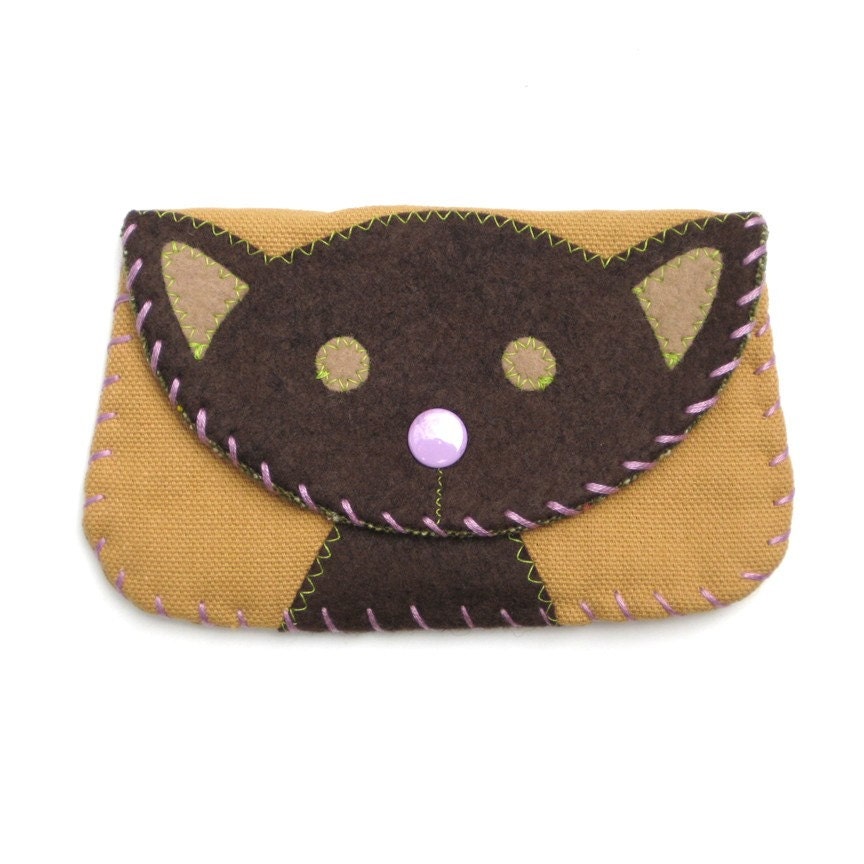 Cat Snap Wallet Purse in Brown and Tan