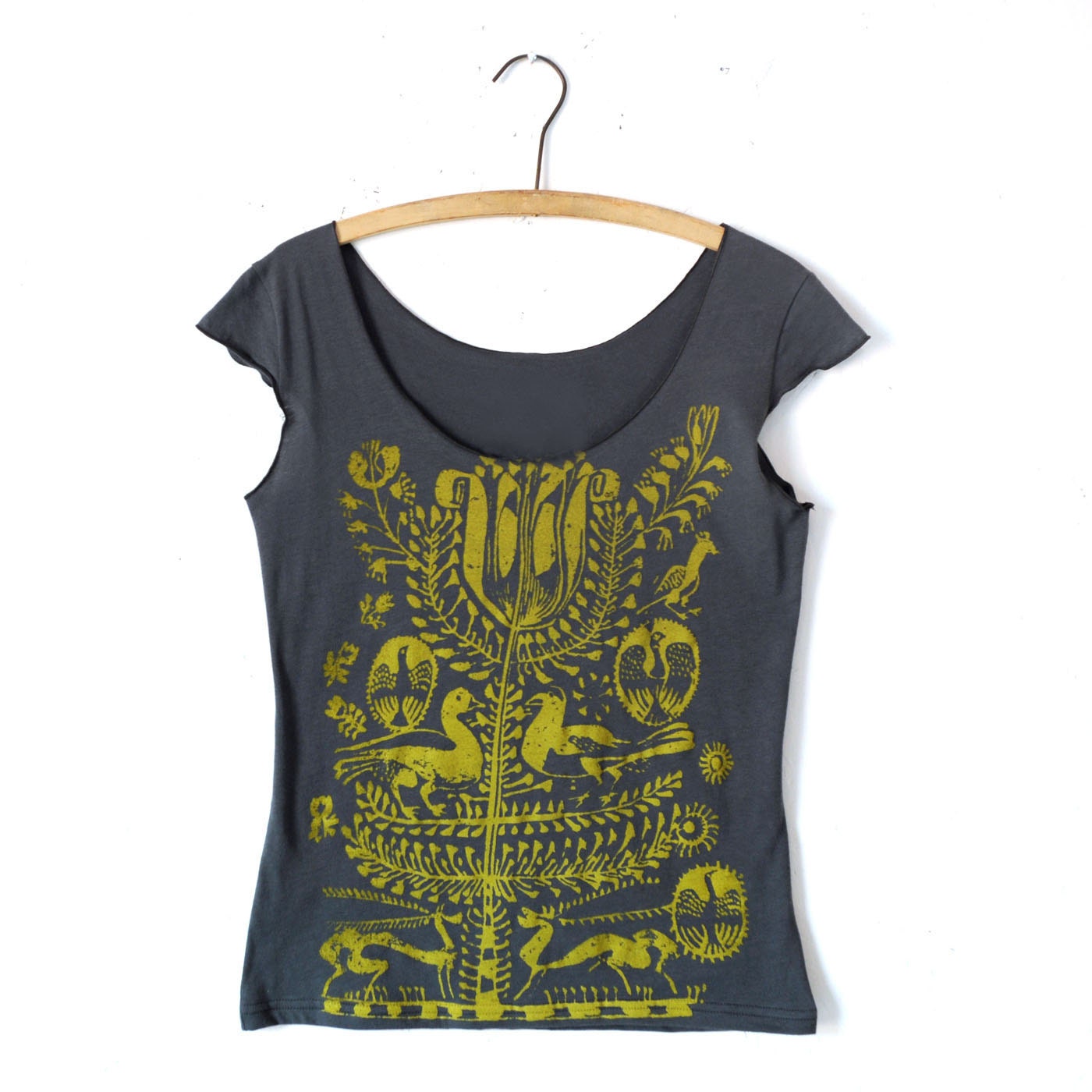 Tree of Life, Folkloric Design, Asphalt Scoop Neck Tee, Hand Screen Printed by Maryink