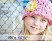 Child Hat, Girls Hat, Crohcet Hat, 5T-Preteen Bucket Style Beanie with Flowers -rose pink, yellow, lemon, pastel pink, Free US Shipping