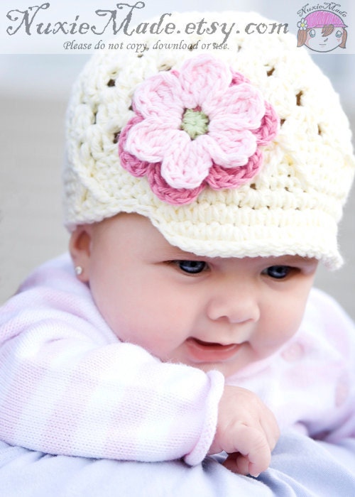 Baby Hat, Girls Hat, Child Hat, 3-6 months Flower Beanie with Brim -ivory, rose, pink, leaf, newsboy newsgirl