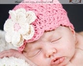 Baby Hat, Crochet Hat, Newborn Shell Beanie with Flowers -rose pink, ecru, soft ecru, pastel pink, Free US Shipping