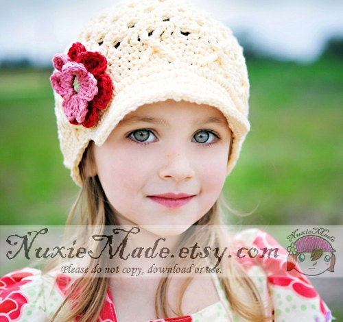 Child Hat, Girls Hat, Crochet Hat, 6-12 months Flower Beanie with Brim, cream, deep red, rose, celery, Free US Shipping