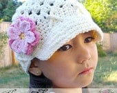 Child Hat, Crochet Hat, Girl Hat, Flower Beanie with Brim size 12-24 months -ivory, rose, pink, yellow, newsgirl, newsboy, Free US Shipping