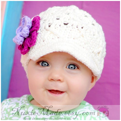 Baby Hat, Girls Hat, Child Hat, Newborn Flower Beanie with Brim -Ivory Orchid Light Grape Leaf, Newsboy, Newsgirl, Free US Shipping