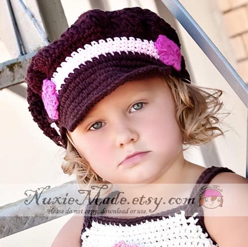 Child Hat, Girls Hat, Crochet Hat, 5T-Preteen Newsgirl -Chocolate, Pink, Hot Pink, newsboy brimmed beanie, Free US Shipping