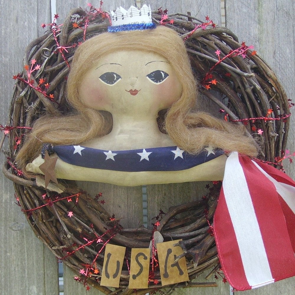 Patriotic Wreath Folk Art Bust Doll Primitive Americana USA