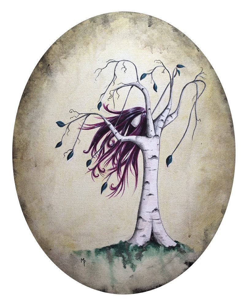 Free 8x10 Art Print surreal tree girl with magenta hair blowing in wind