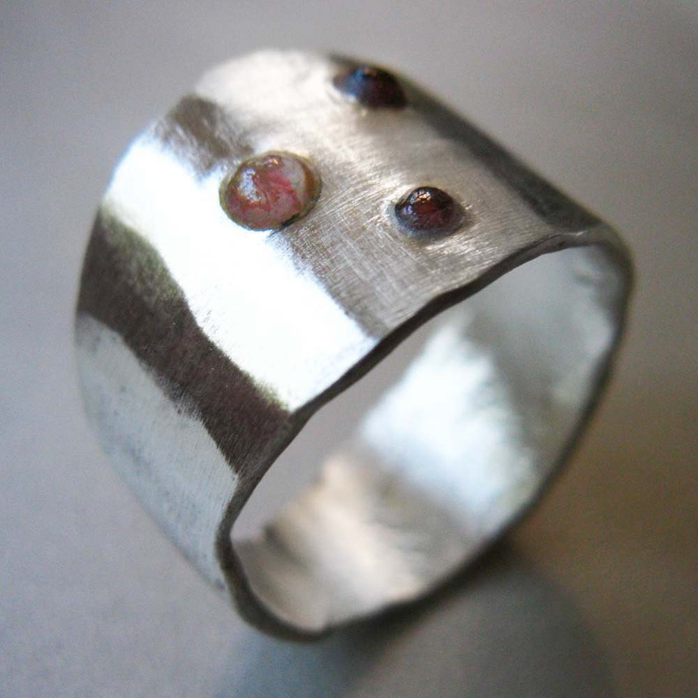 Planetarium Ring, Abstract Sculptural Fused Sterling Silver and Glass, Wide Band Ring, US Size 8