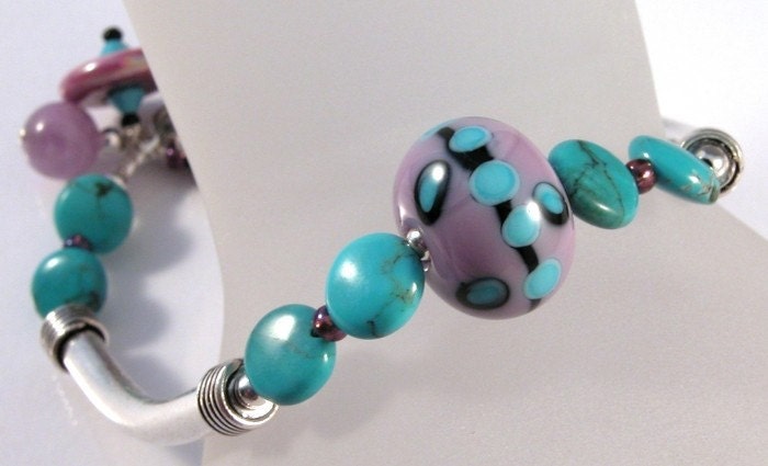 Lampwork, turquoise and amethyst sterling silver bracelet bangle - handmade