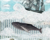Whale Painting , Collage Mixed Media Painting Reproduction , Whimsical  Painting , 8x10