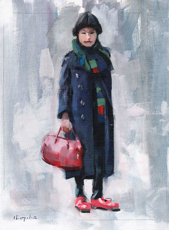 Art Print Fashion Figure Woman Scarf Color Overcoat 9x12 on 11x14 - Clothed Figure Study 5 by David Lloyd