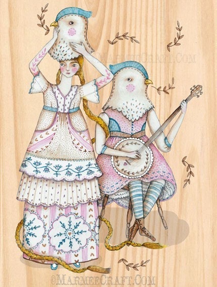 Folk bird girl banjo art print, "Banjo and Birdling"