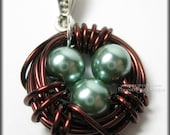 Brown Bird Nest Pendant Teal Blue Glass Pearl Eggs Wire Wrapped Mother's Day Gift Idea
