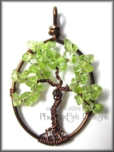 Tree of Life Pendant in Peridot Gemstone and Brown Wire