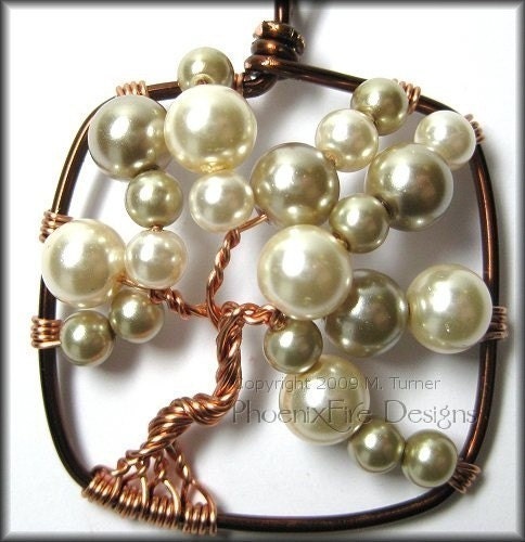 Bubble Tree - Square Tree of Life Pendant in Brown and Copper Wire Wrapped With Glass Pearls