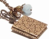 Book Locket Necklace Pendant - Aquamarine March Birthstone, Pearl, Brass Jewelry
