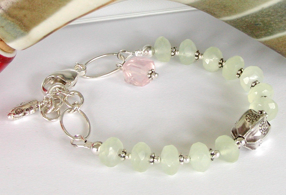 Green Jade Bracelet, Rose Quartz, Sterling Silver and Fine Silver Hill Tribe Bead