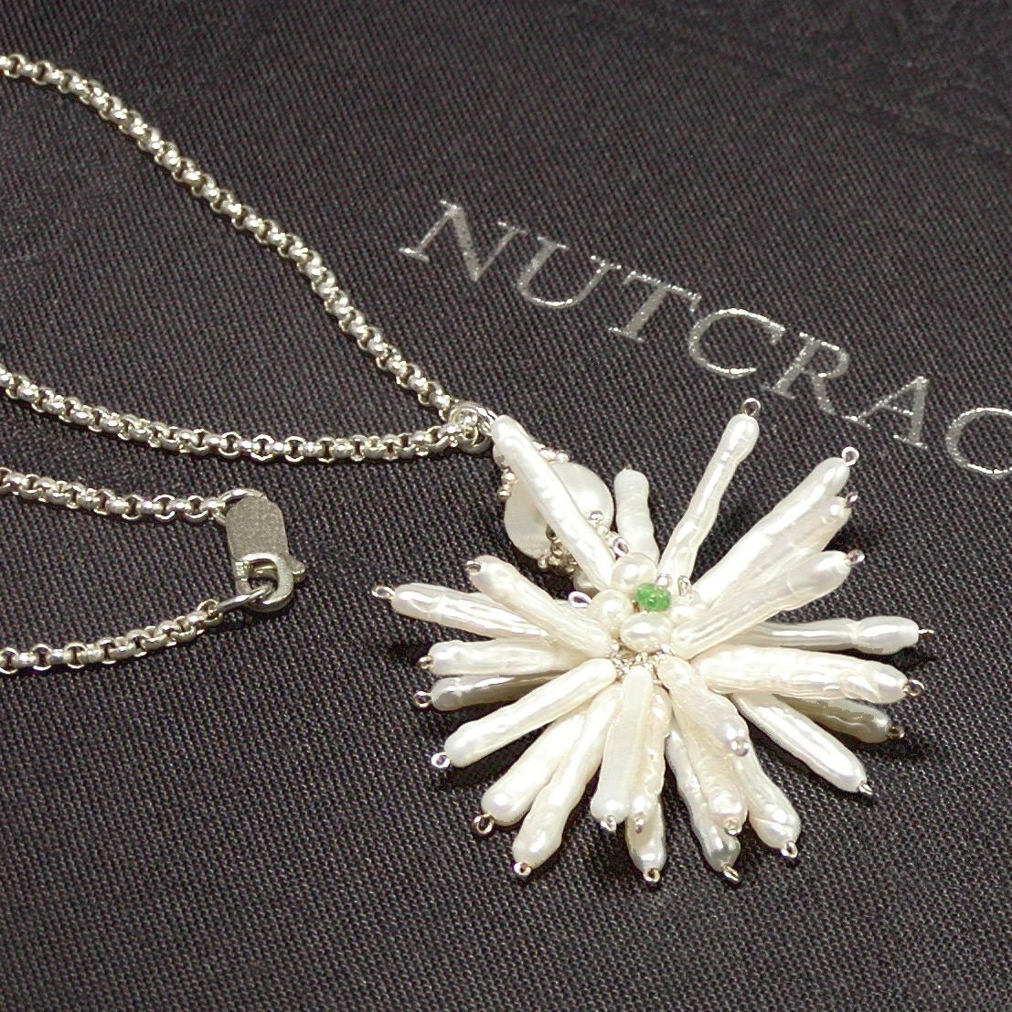 White Pearl Necklace Pendant, Stick Pearls, Emerald and Sterling Silver